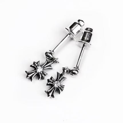 Authentic Chrome Hearts Tiny E CH Plus Drop Earrings With Diamonds â€“ front view