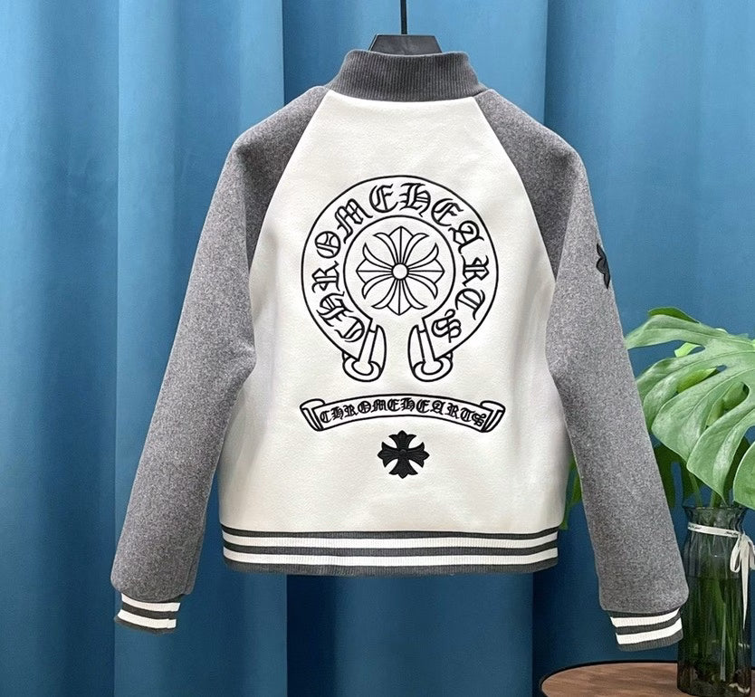 Authentic Chrome Hearts Chrome Hearts Grey & White Wool Varsity Jacket â€“ front view