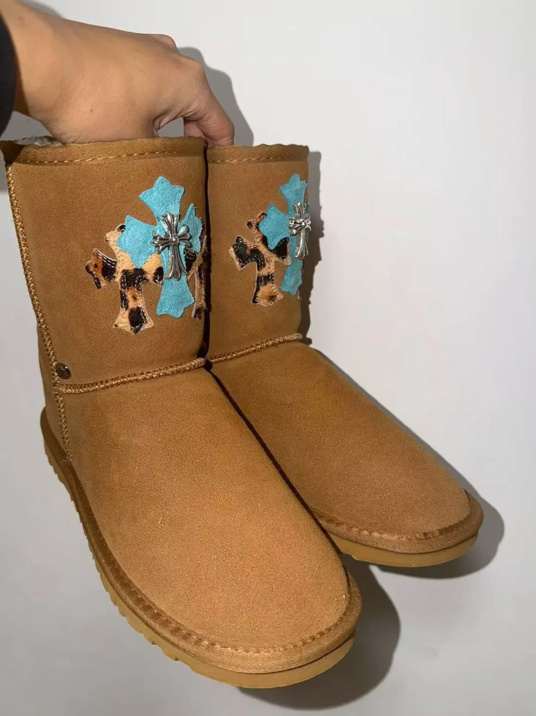 Authentic Chrome Hearts Chrome Hearts Sky Blue Cross Patch UGG BootsChrome Hearts Sky Blue Cross Patch UGG Boots â€“ front view