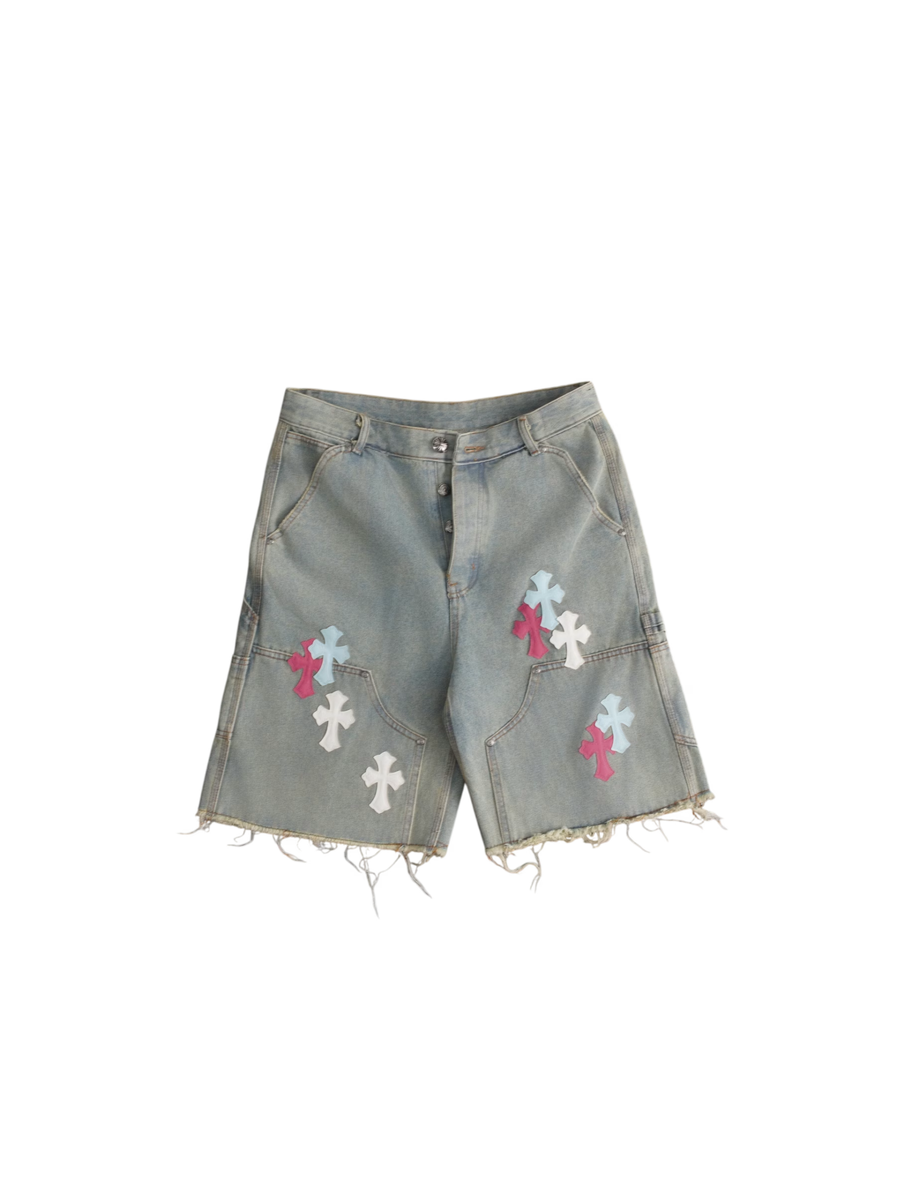 Authentic Chrome Hearts Chrome Hearts Multi Cross Patch Denim Shorts â€“ front view
