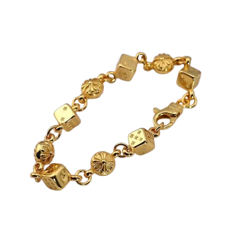 Authentic Chrome Hearts Chrome Hearts Gold Dice & Floral Link Bracelet â€“ front view